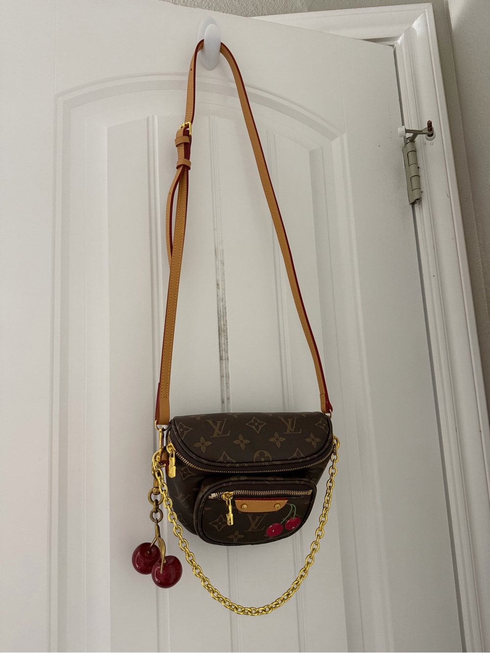 Louis Vuitton Brown Monogram Crossbody with Cherry Charm and Gold Chain